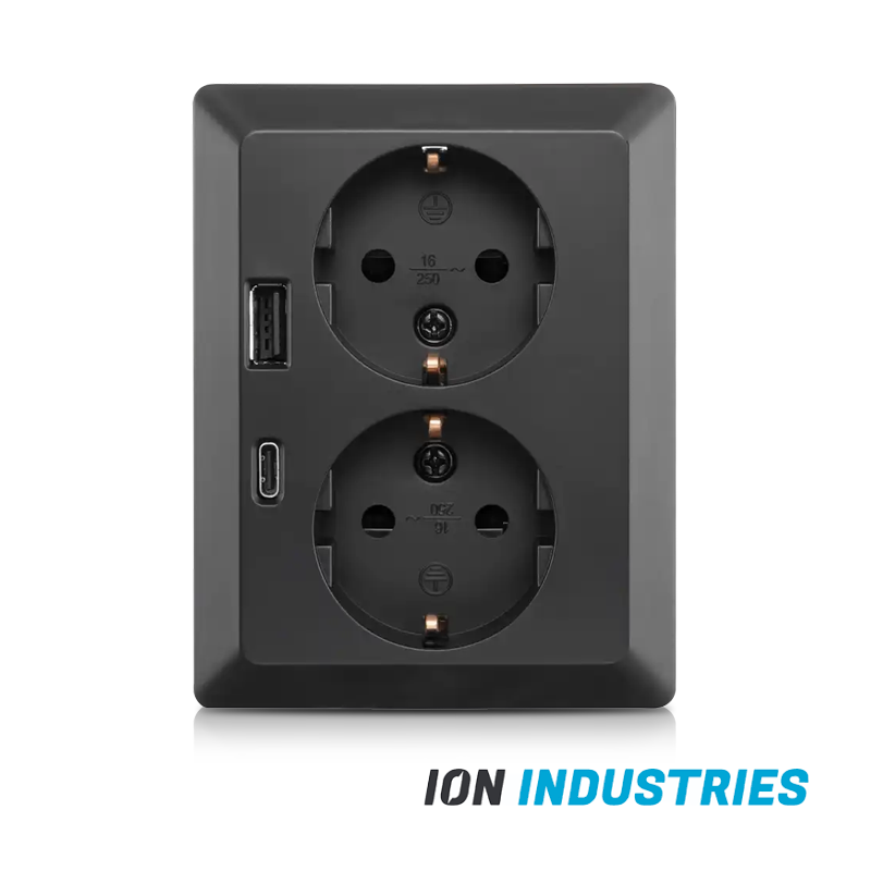 ION INDUSTRIES | WANDCONTACTDOOS HALF OPBOUW | 2-VOUDIG | RA | USB A + USB C | MATZWART