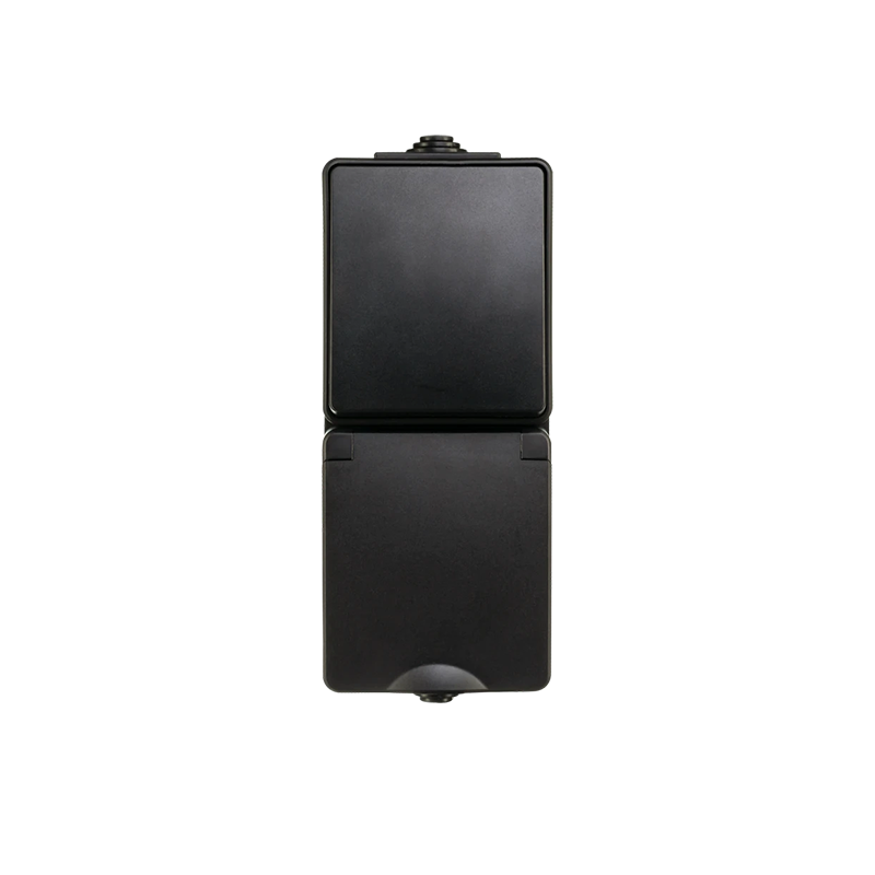 ION INDUSTRIES | OPBOUW COMBINATIE | WANDCONTACTDOOS EN WISSELSCHAKELAAR | VERTICAAL | IP 55 | ZWART